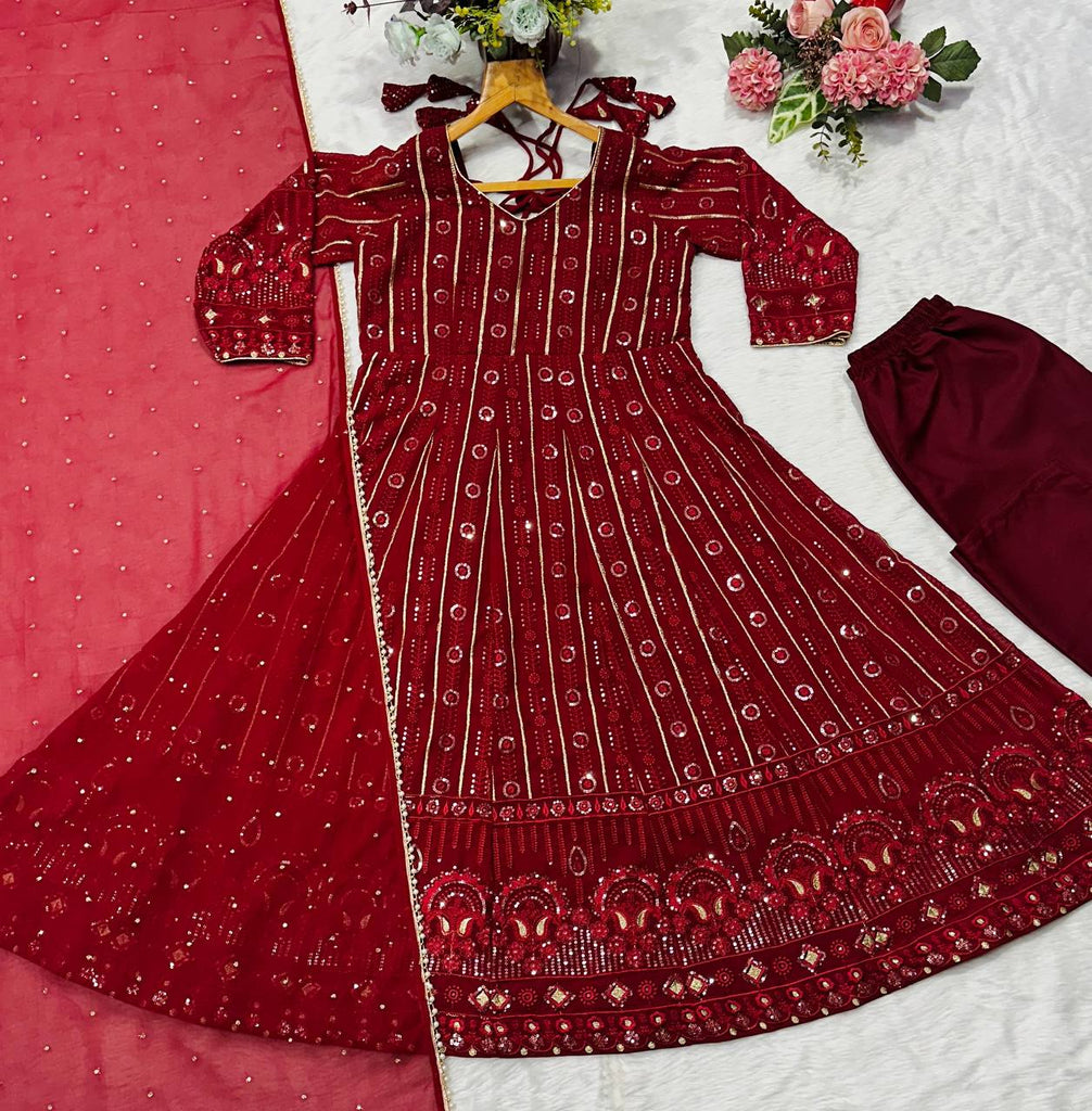 Maroon Designer Faux Blooming Embroidered Gown Set with 3mm Sequins, Zari Work, Matching Pant & Faux Georgette Dupatta – Fully Stitched Festive & Party Wear ClothsVilla
