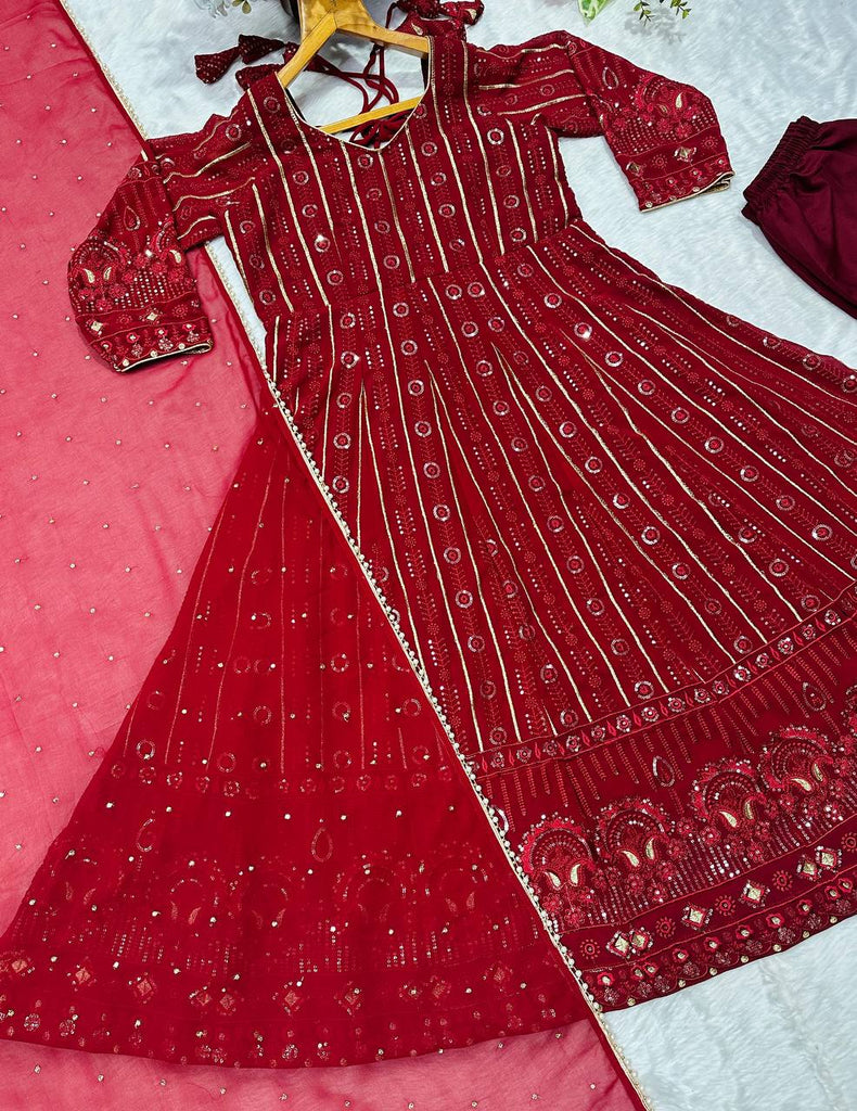 Maroon Designer Faux Blooming Embroidered Gown Set with 3mm Sequins, Zari Work, Matching Pant & Faux Georgette Dupatta – Fully Stitched Festive & Party Wear ClothsVilla