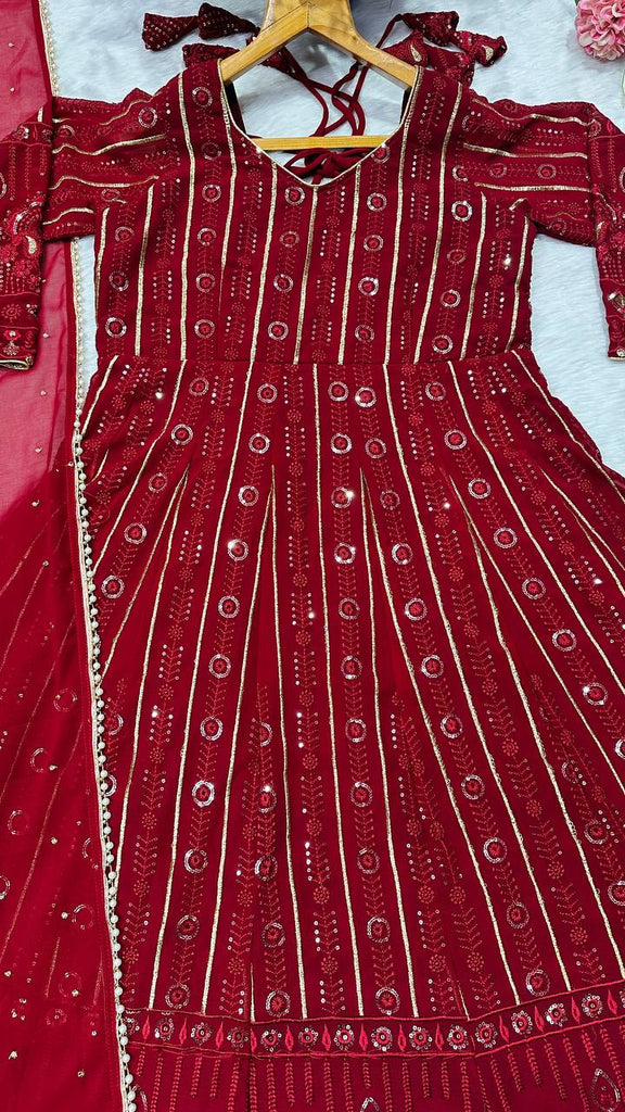 Maroon Designer Faux Blooming Embroidered Gown Set with 3mm Sequins, Zari Work, Matching Pant & Faux Georgette Dupatta – Fully Stitched Festive & Party Wear ClothsVilla