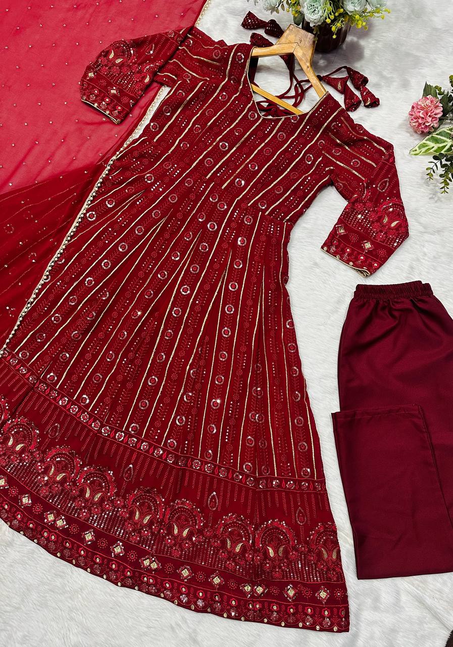 Maroon Designer Faux Blooming Embroidered Gown Set with 3mm Sequins, Zari Work, Matching Pant & Faux Georgette Dupatta – Fully Stitched Festive & Party Wear ClothsVilla