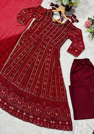Maroon Designer Faux Blooming Embroidered Gown Set with 3mm Sequins, Zari Work, Matching Pant & Faux Georgette Dupatta – Fully Stitched Festive & Party Wear ClothsVilla