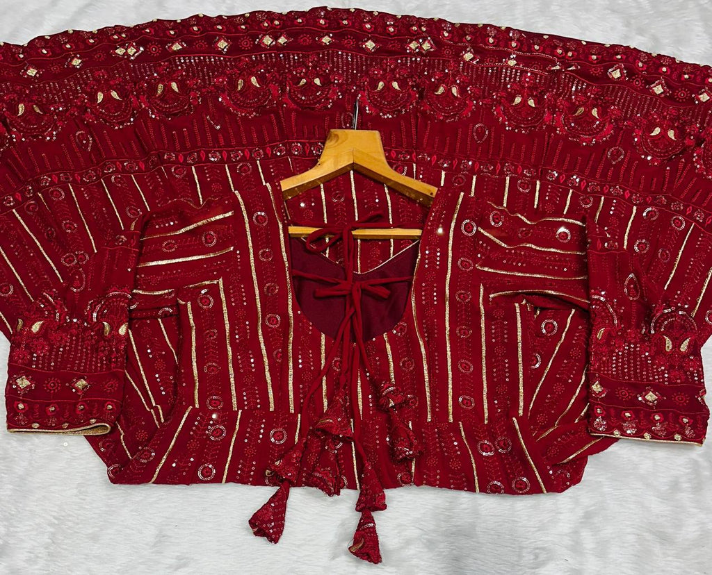 Maroon Designer Faux Blooming Embroidered Gown Set with 3mm Sequins, Zari Work, Matching Pant & Faux Georgette Dupatta – Fully Stitched Festive & Party Wear ClothsVilla