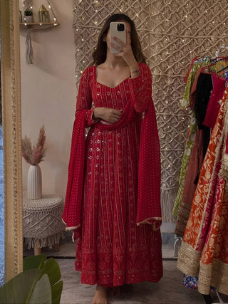 Maroon Designer Faux Blooming Embroidered Gown Set with 3mm Sequins, Zari Work, Matching Pant & Faux Georgette Dupatta – Fully Stitched Festive & Party Wear ClothsVilla