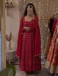 Load image into Gallery viewer, Maroon Designer Faux Blooming Embroidered Gown Set with 3mm Sequins, Zari Work, Matching Pant &amp; Faux Georgette Dupatta – Fully Stitched Festive &amp; Party Wear ClothsVilla