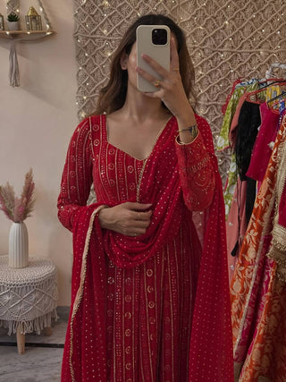 Maroon Designer Faux Blooming Embroidered Gown Set with 3mm Sequins, Zari Work, Matching Pant & Faux Georgette Dupatta – Fully Stitched Festive & Party Wear ClothsVilla
