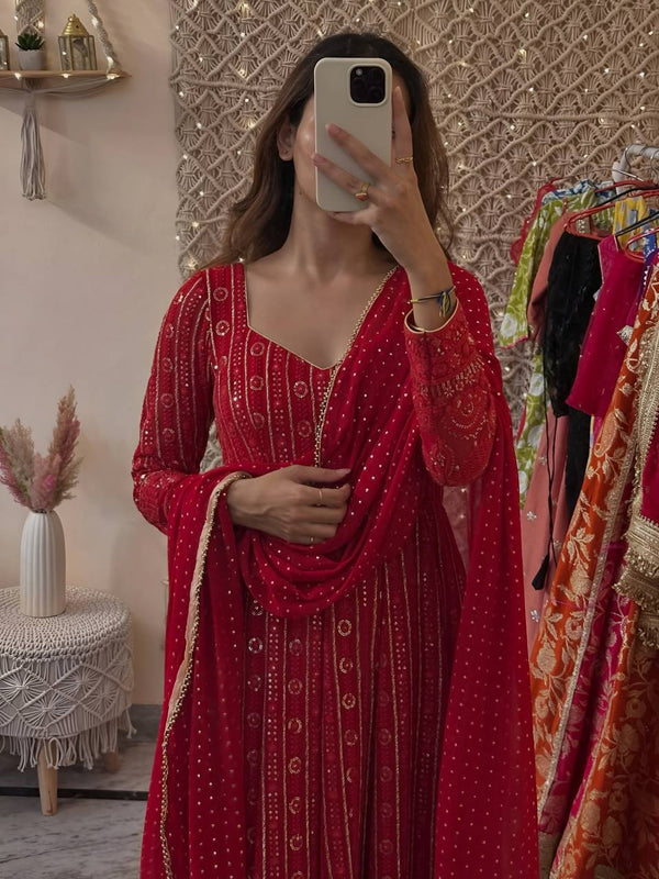 Maroon Designer Faux Blooming Embroidered Gown Set with 3mm Sequins, Zari Work, Matching Pant & Faux Georgette Dupatta – Fully Stitched Festive & Party Wear ClothsVilla