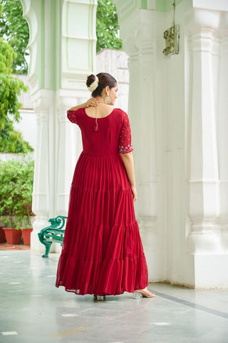 Maroon Designer Faux Blooming Embroidered Gown with Bead Work ClothsVilla