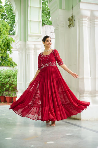 Maroon Designer Faux Blooming Embroidered Gown with Bead Work ClothsVilla