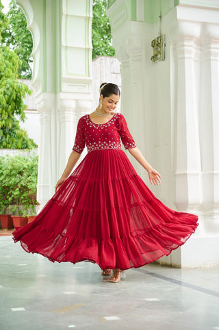 Maroon Designer Faux Blooming Embroidered Gown with Bead Work ClothsVilla