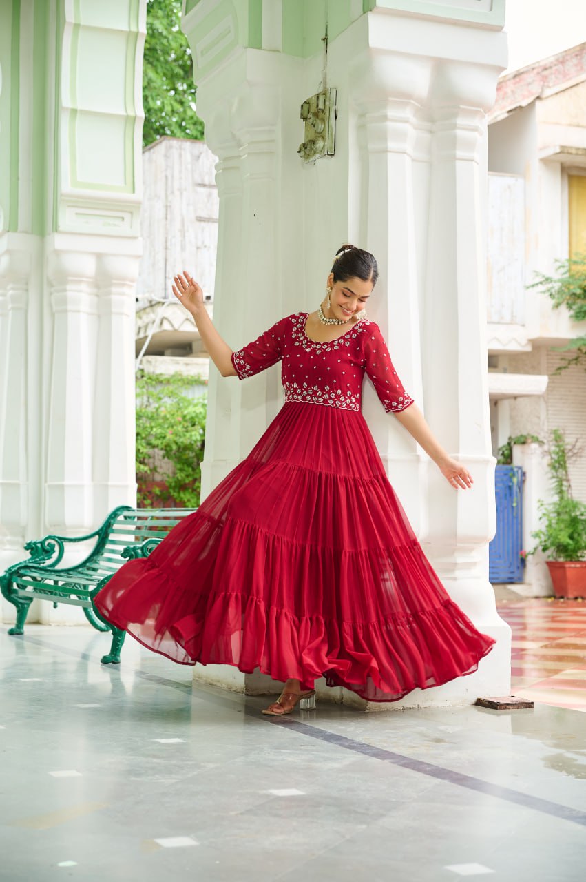 Maroon Designer Faux Blooming Embroidered Gown with Bead Work ClothsVilla