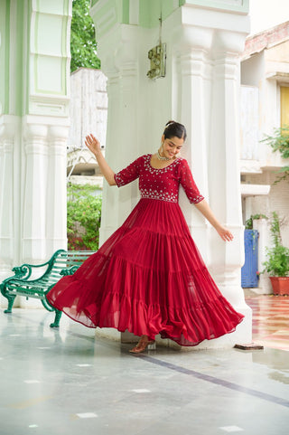 Maroon Designer Faux Blooming Embroidered Gown with Bead Work ClothsVilla