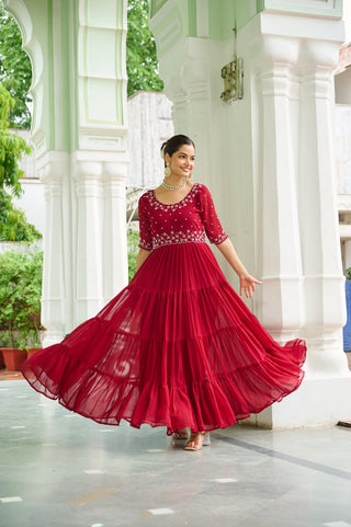 Maroon Designer Faux Blooming Embroidered Gown with Bead Work ClothsVilla