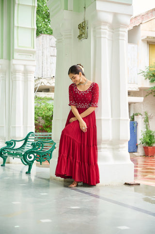 Maroon Designer Faux Blooming Embroidered Gown with Bead Work ClothsVilla