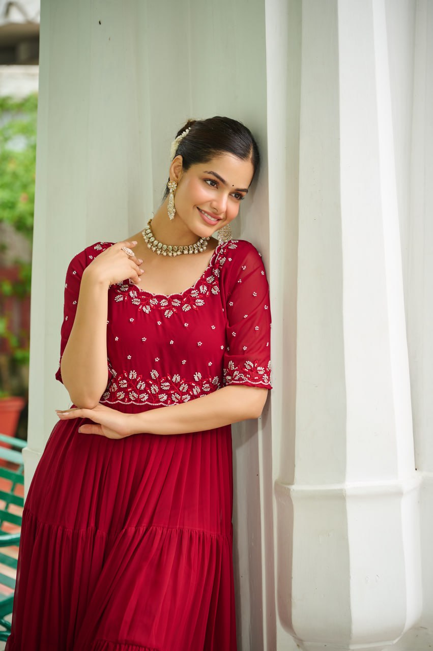 Maroon Designer Faux Blooming Embroidered Gown with Bead Work ClothsVilla