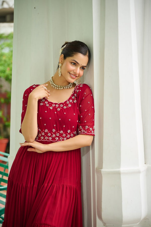 Maroon Designer Faux Blooming Embroidered Gown with Bead Work ClothsVilla