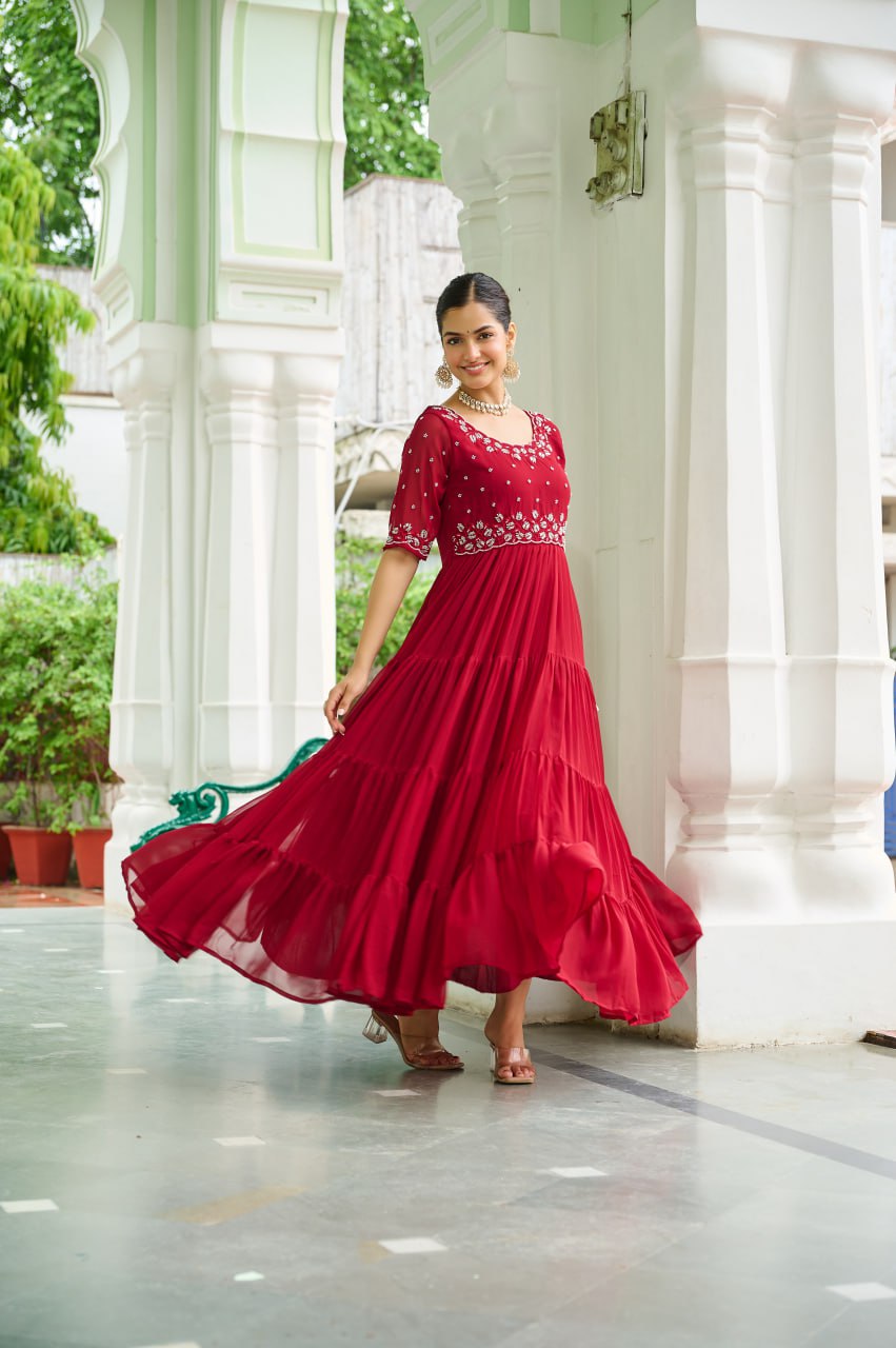 Maroon Designer Faux Blooming Embroidered Gown with Bead Work ClothsVilla