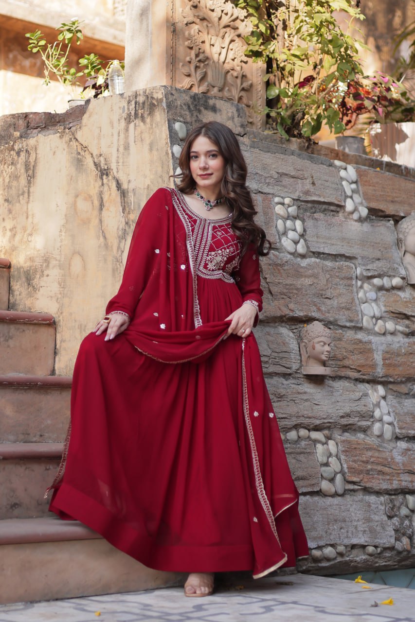 Maroon Designer Faux Blooming Gown with Sequins & Beads Embroidery ClothsVilla