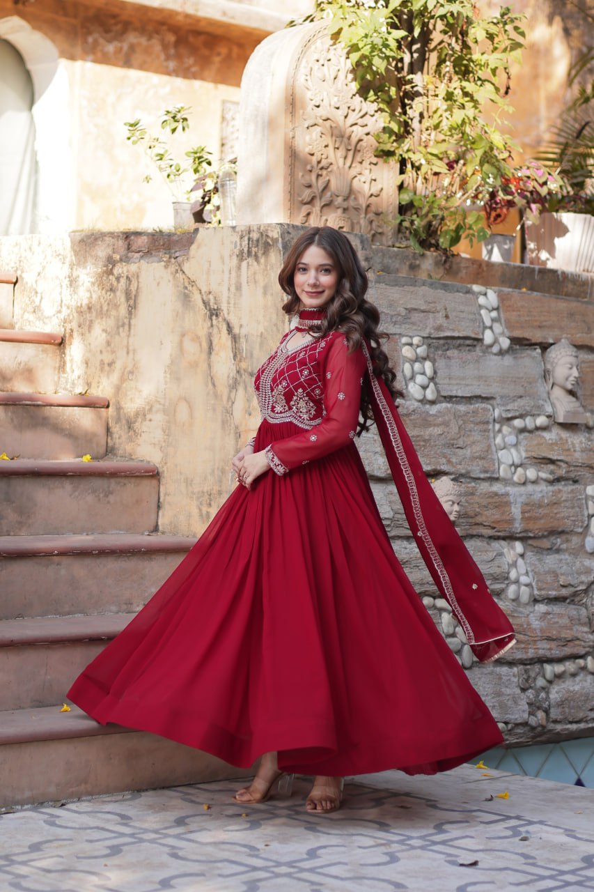 Maroon Designer Faux Blooming Gown with Sequins & Beads Embroidery ClothsVilla