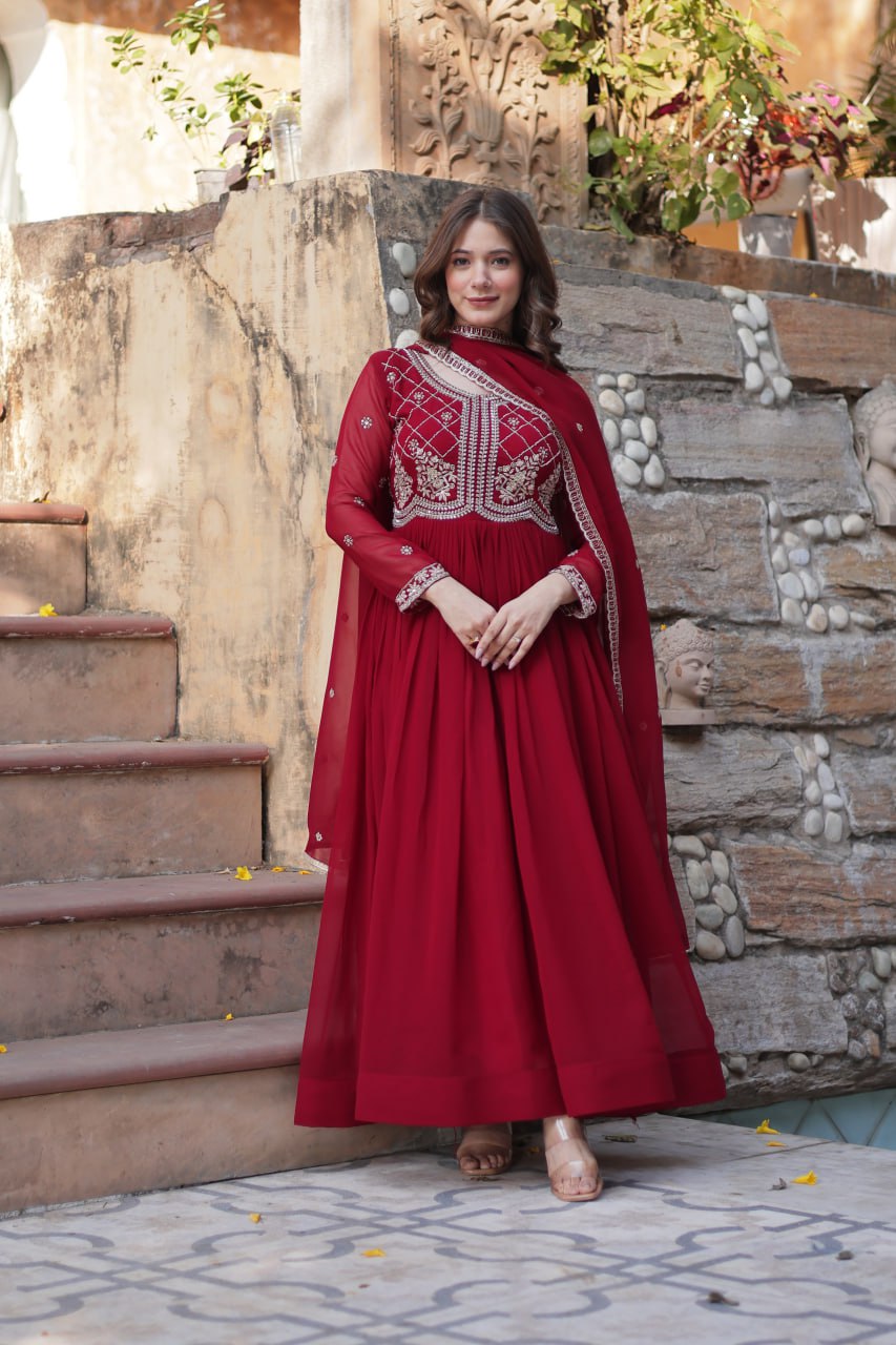 Maroon Designer Faux Blooming Gown with Sequins & Beads Embroidery ClothsVilla