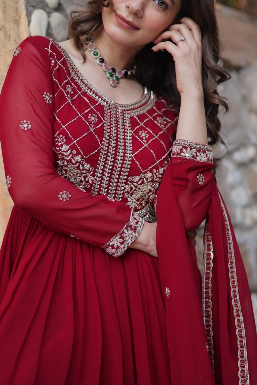 Maroon Designer Faux Blooming Gown with Sequins & Beads Embroidery ClothsVilla
