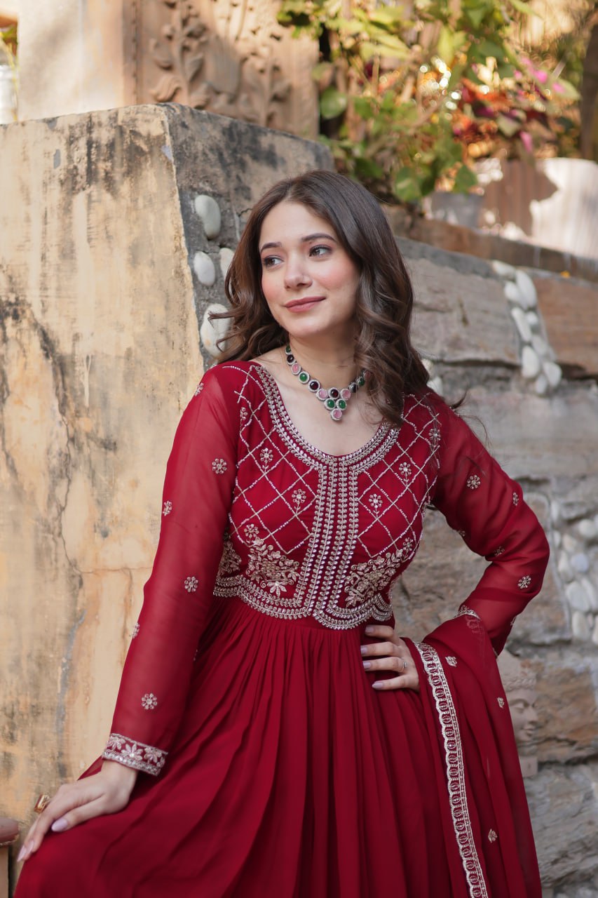 Maroon Designer Faux Blooming Gown with Sequins & Beads Embroidery ClothsVilla