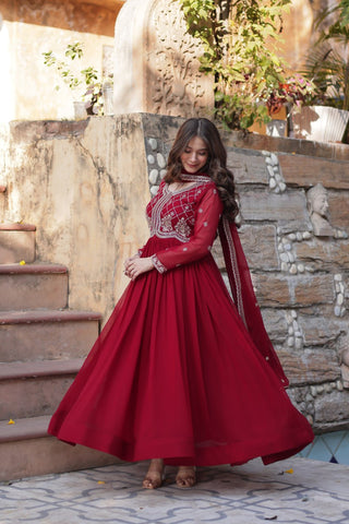 Maroon Designer Faux Blooming Gown with Sequins & Beads Embroidery ClothsVilla