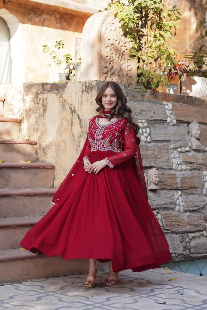 Maroon Designer Faux Blooming Gown with Sequins & Beads Embroidery ClothsVilla