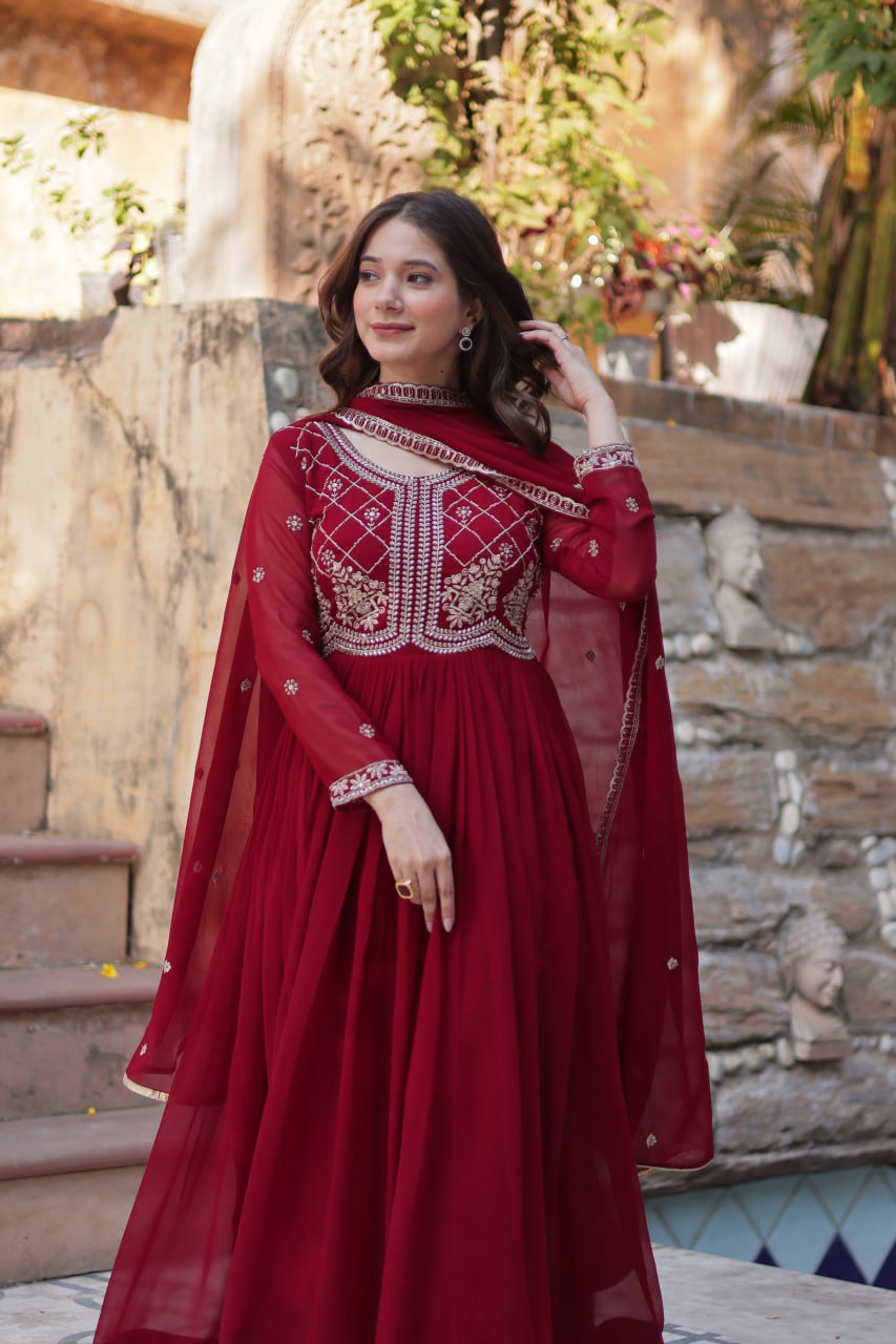 Maroon Designer Faux Blooming Gown with Sequins & Beads Embroidery ClothsVilla