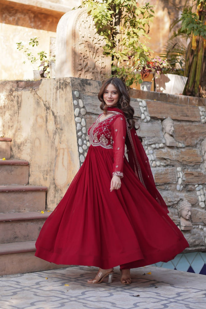 Maroon Designer Faux Blooming Gown with Sequins & Beads Embroidery ClothsVilla