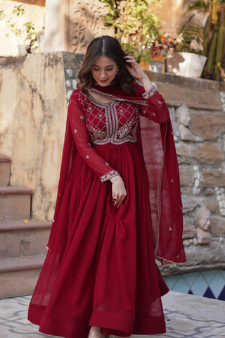 Maroon Designer Faux Blooming Gown with Sequins & Beads Embroidery ClothsVilla