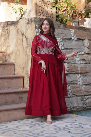 Maroon Designer Faux Blooming Gown with Sequins & Beads Embroidery ClothsVilla