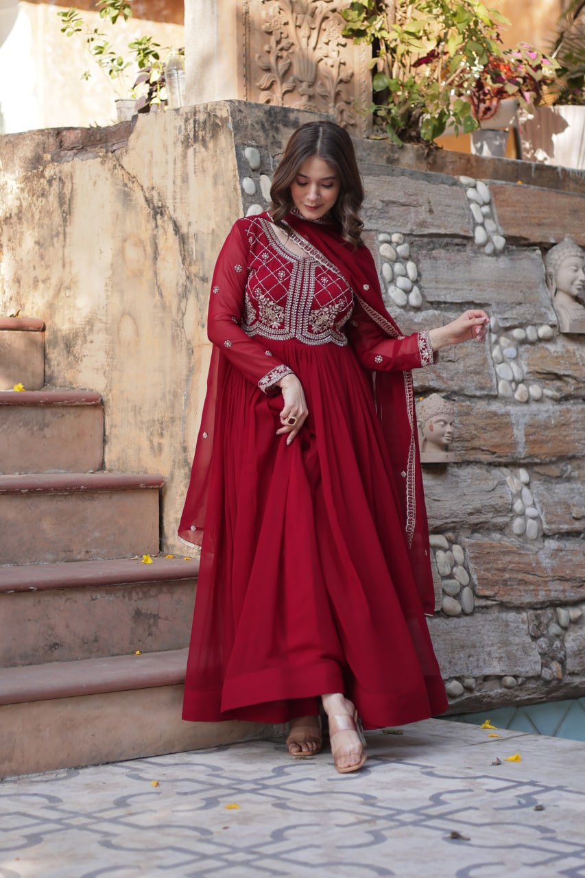 Maroon Designer Faux Blooming Gown with Sequins & Beads Embroidery ClothsVilla