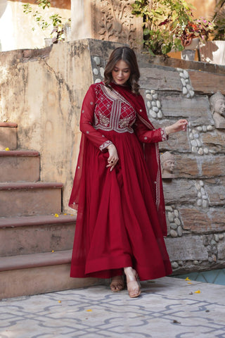 Maroon Designer Faux Blooming Gown with Sequins & Beads Embroidery ClothsVilla