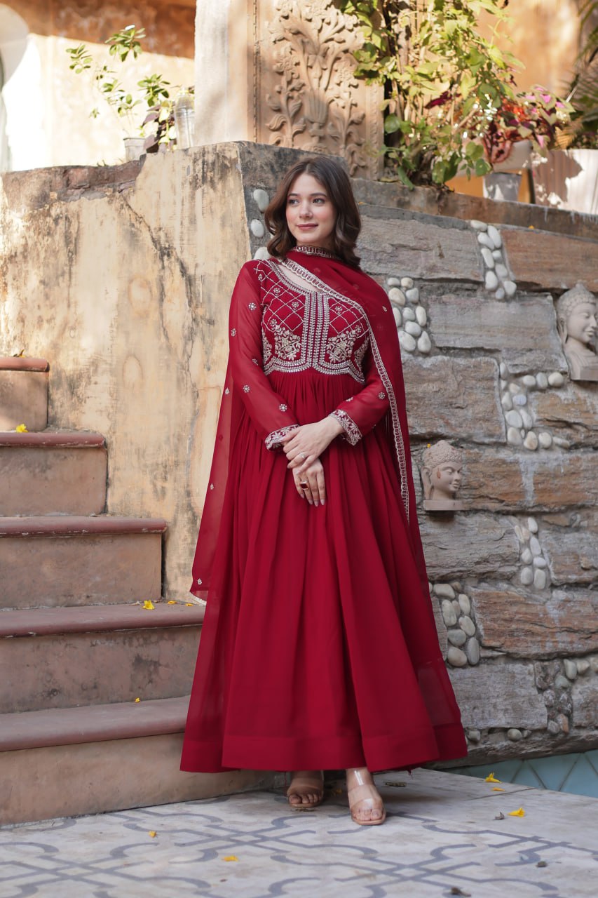 Maroon Designer Faux Blooming Gown with Sequins & Beads Embroidery ClothsVilla