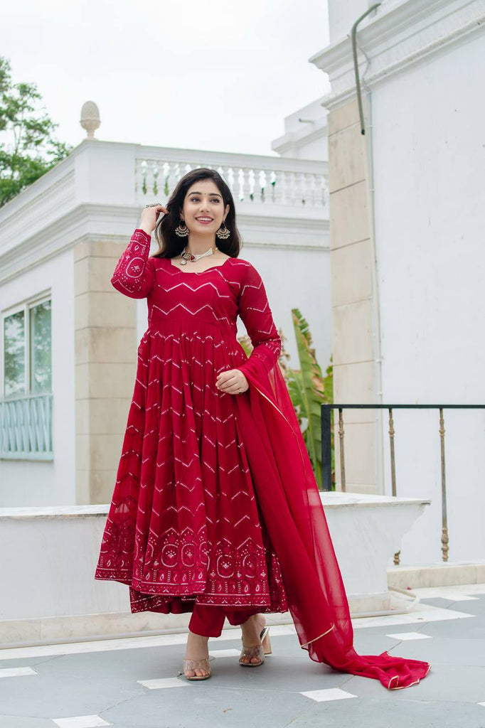 Maroon Designer Faux Georgette Anarkali Suit Set with All-Over Embroidery & Lace-Border Dupatta ClothsVilla