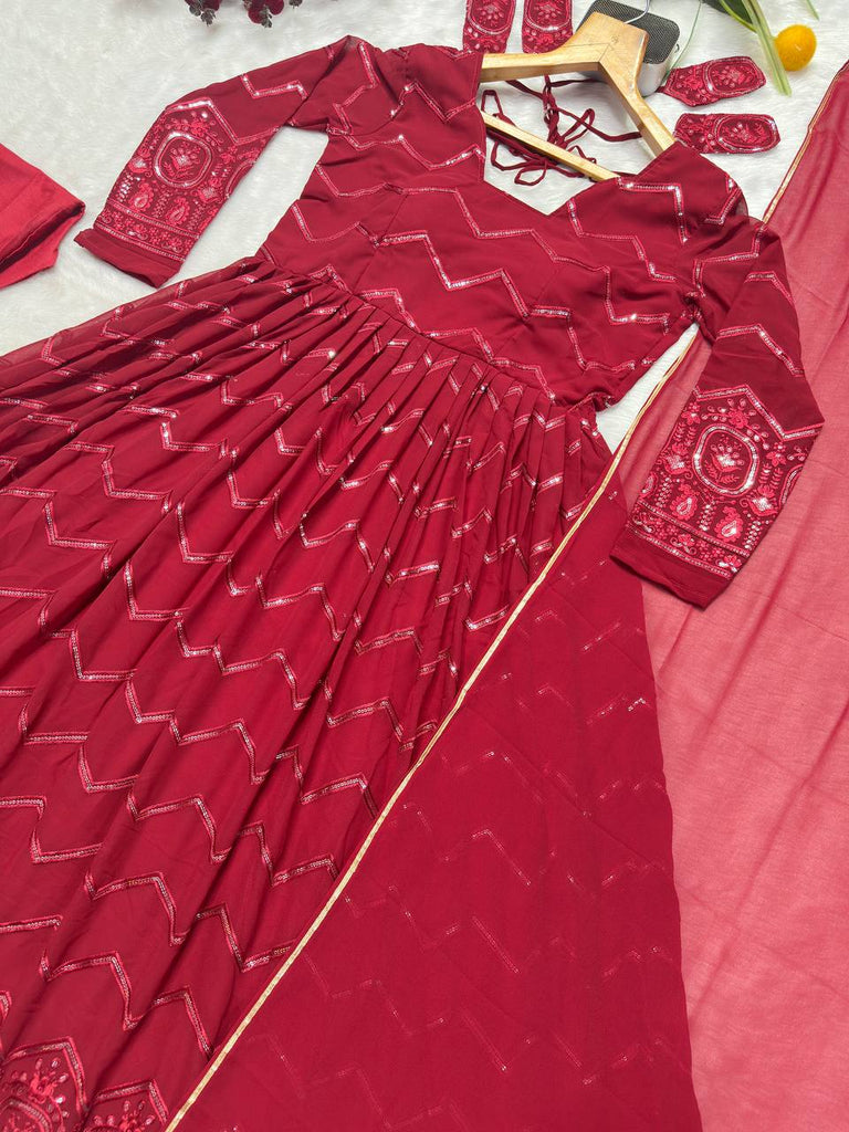 Maroon Designer Faux Georgette Anarkali Suit Set with All-Over Embroidery & Lace-Border Dupatta ClothsVilla