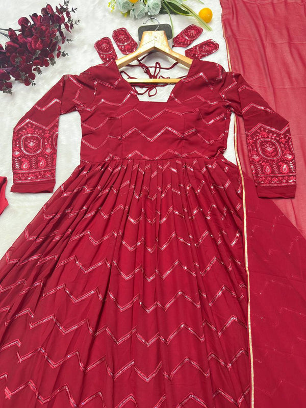 Maroon Designer Faux Georgette Anarkali Suit Set with All-Over Embroidery & Lace-Border Dupatta ClothsVilla