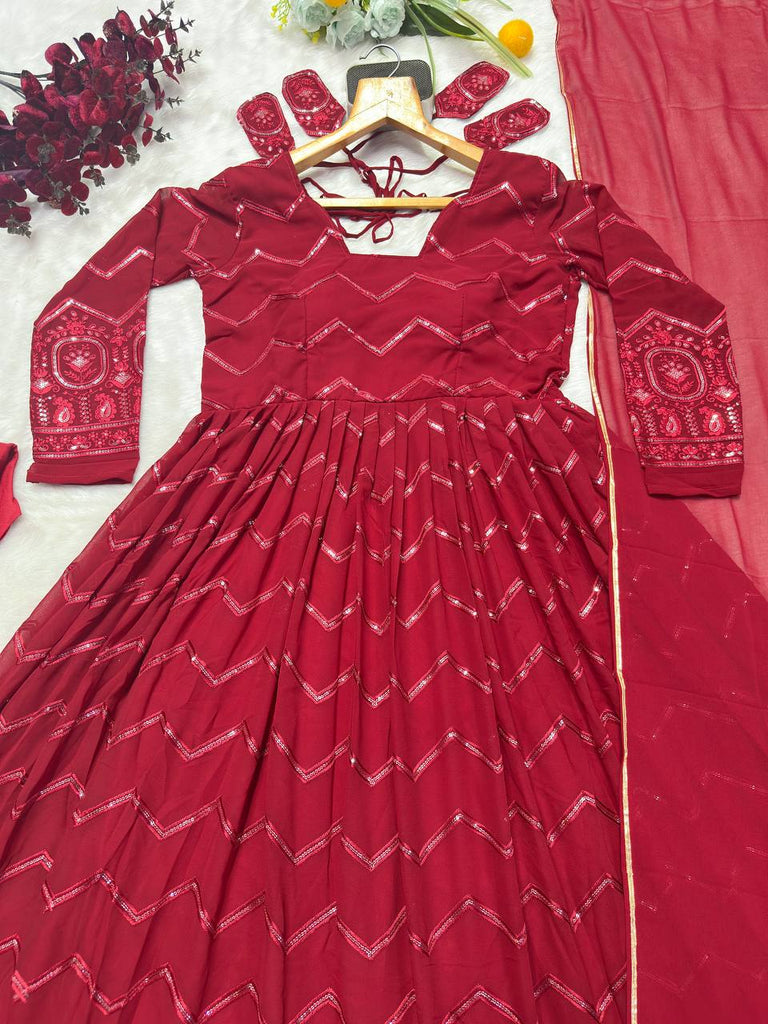 Maroon Designer Faux Georgette Anarkali Suit Set with All-Over Embroidery & Lace-Border Dupatta ClothsVilla