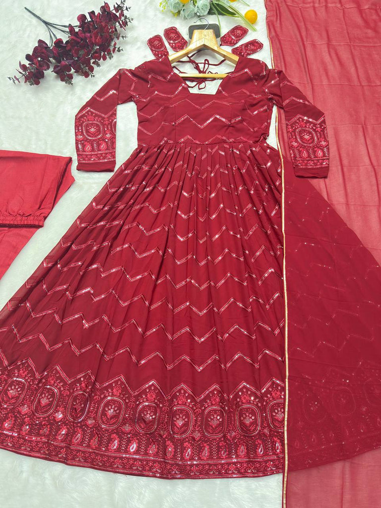 Maroon Designer Faux Georgette Anarkali Suit Set with All-Over Embroidery & Lace-Border Dupatta ClothsVilla