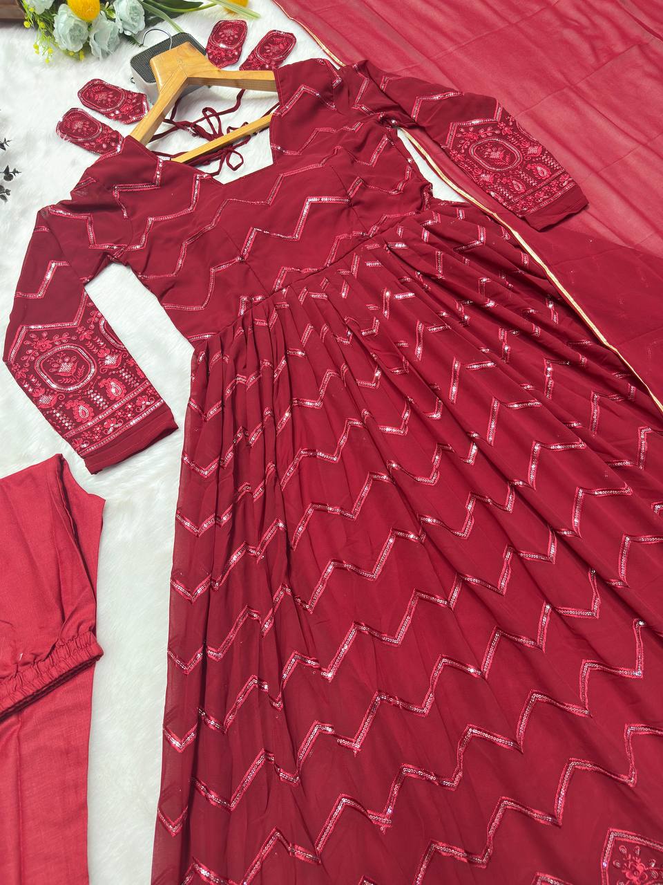 Maroon Designer Faux Georgette Anarkali Suit Set with All-Over Embroidery & Lace-Border Dupatta ClothsVilla