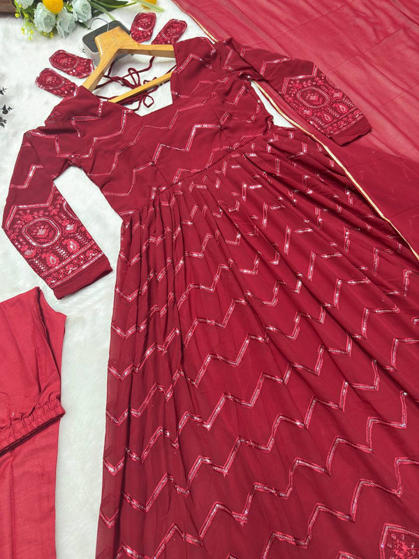 Maroon Designer Faux Georgette Anarkali Suit Set with All-Over Embroidery & Lace-Border Dupatta ClothsVilla