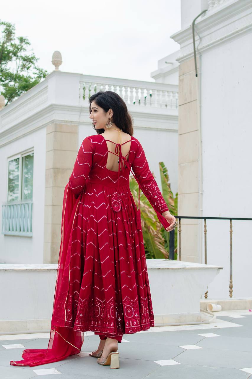 Maroon Designer Faux Georgette Anarkali Suit Set with All-Over Embroidery & Lace-Border Dupatta ClothsVilla