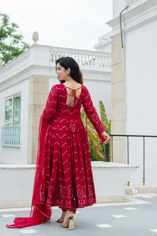 Maroon Designer Faux Georgette Anarkali Suit Set with All-Over Embroidery & Lace-Border Dupatta ClothsVilla