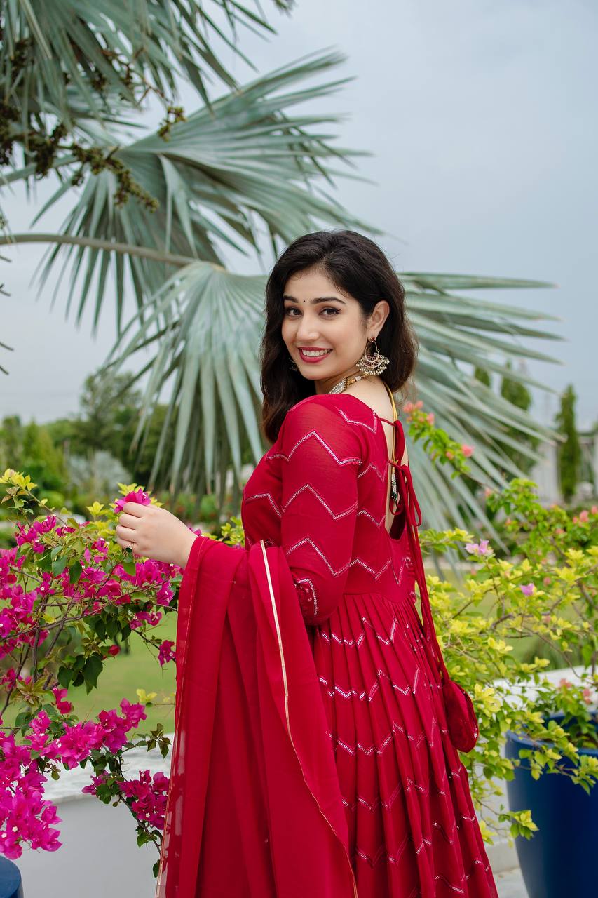 Maroon Designer Faux Georgette Anarkali Suit Set with All-Over Embroidery & Lace-Border Dupatta ClothsVilla