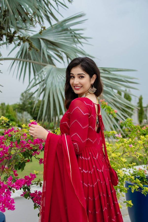 Maroon Designer Faux Georgette Anarkali Suit Set with All-Over Embroidery & Lace-Border Dupatta ClothsVilla