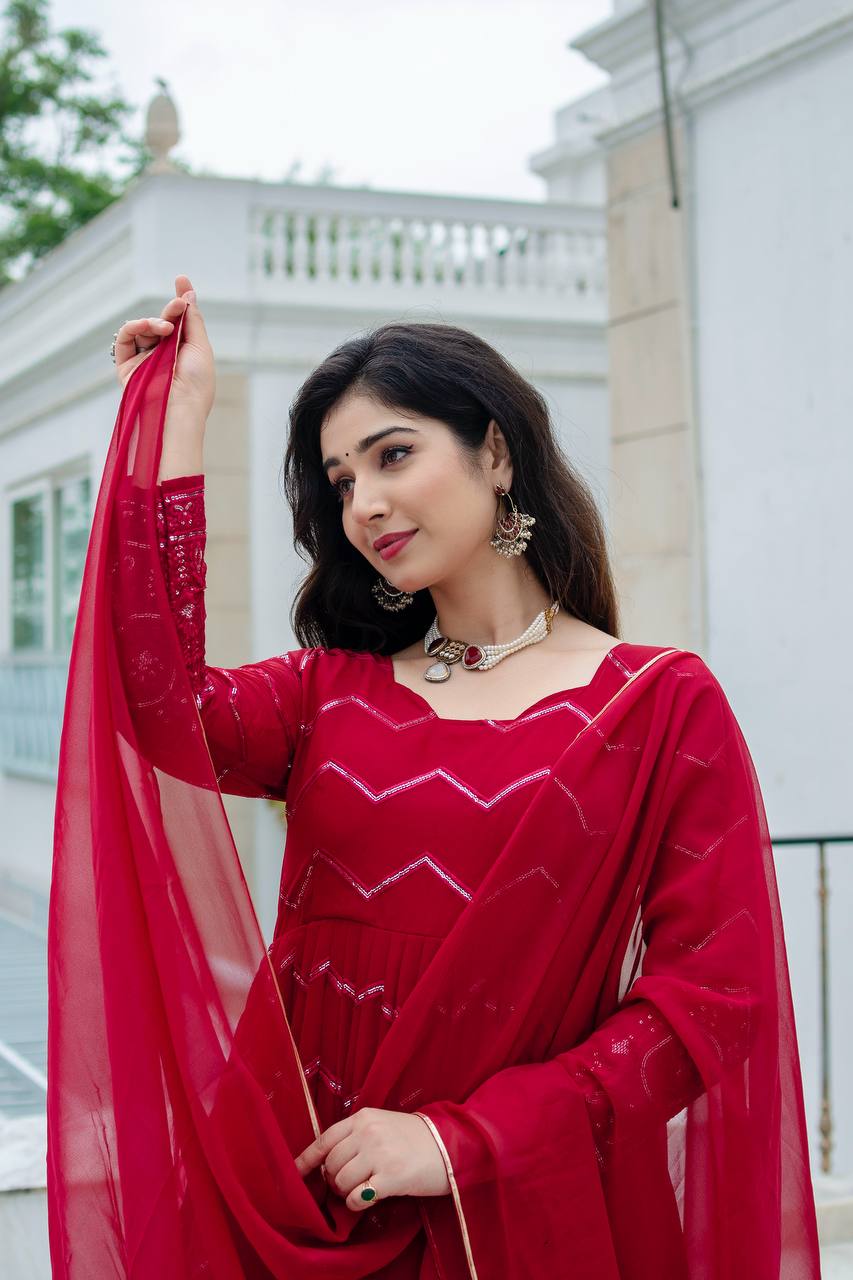 Maroon Designer Faux Georgette Anarkali Suit Set with All-Over Embroidery & Lace-Border Dupatta ClothsVilla