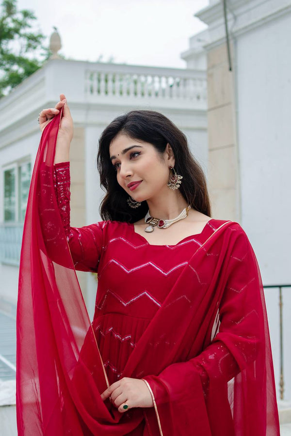 Maroon Designer Faux Georgette Anarkali Suit Set with All-Over Embroidery & Lace-Border Dupatta ClothsVilla