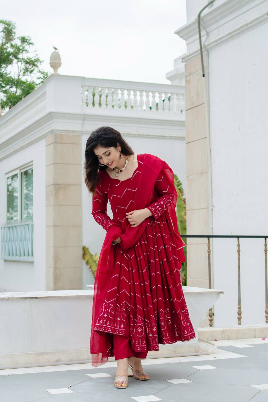 Maroon Designer Faux Georgette Anarkali Suit Set with All-Over Embroidery & Lace-Border Dupatta ClothsVilla