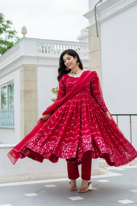Maroon Designer Faux Georgette Anarkali Suit Set with All-Over Embroidery & Lace-Border Dupatta ClothsVilla Main image
