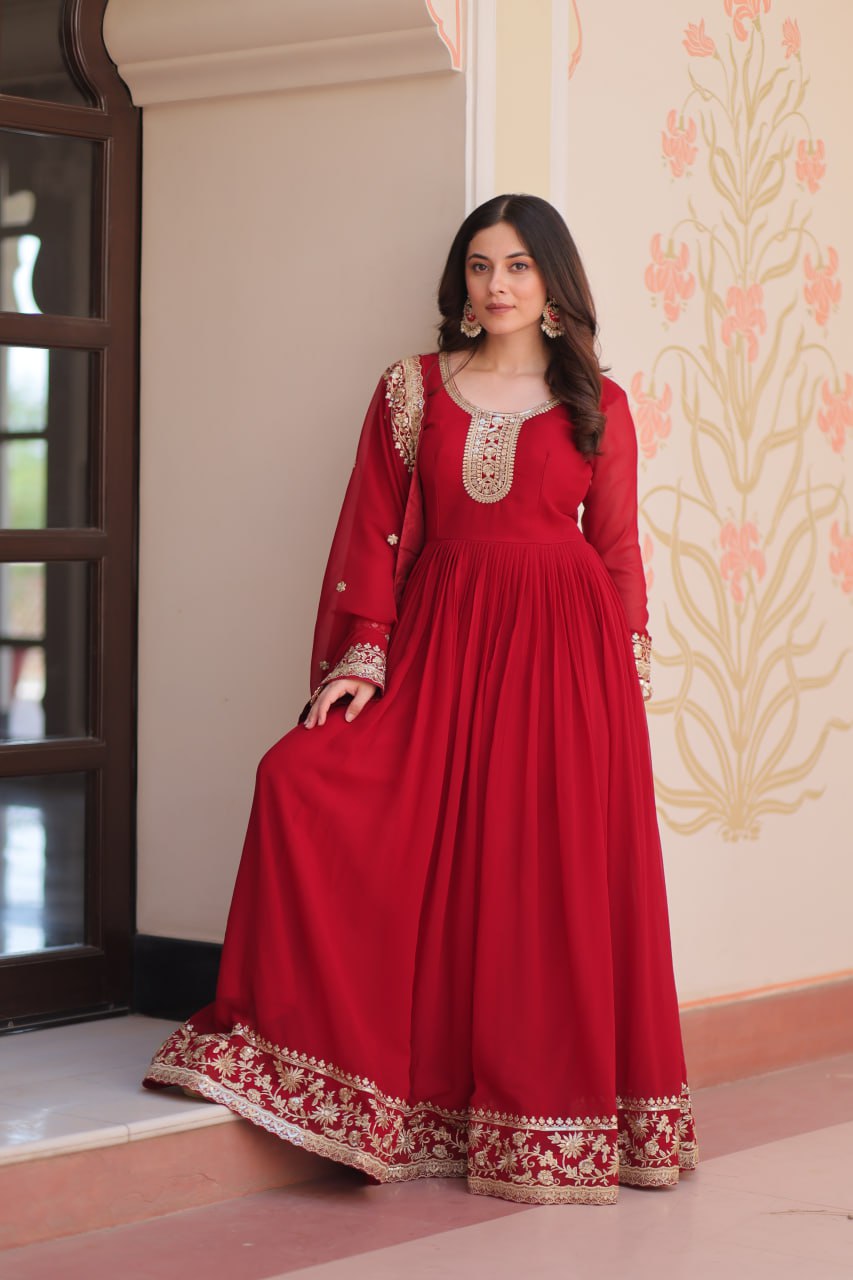 Maroon Designer Faux Georgette Gown with Zari & Sequins Embroidery and Embroidered Dupatta – Luxury Ethnic Set ClothsVilla